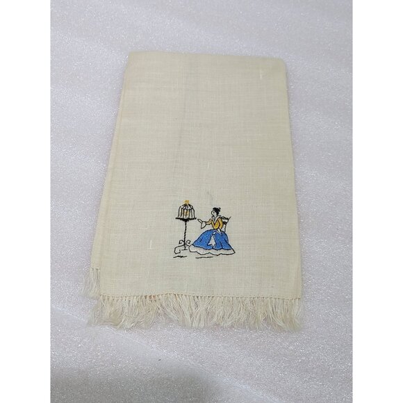 Vintage Linen Tea Towel Fingertip Fringe Embroidered Lady Sitting Bird Cage - Picture 1 of 6